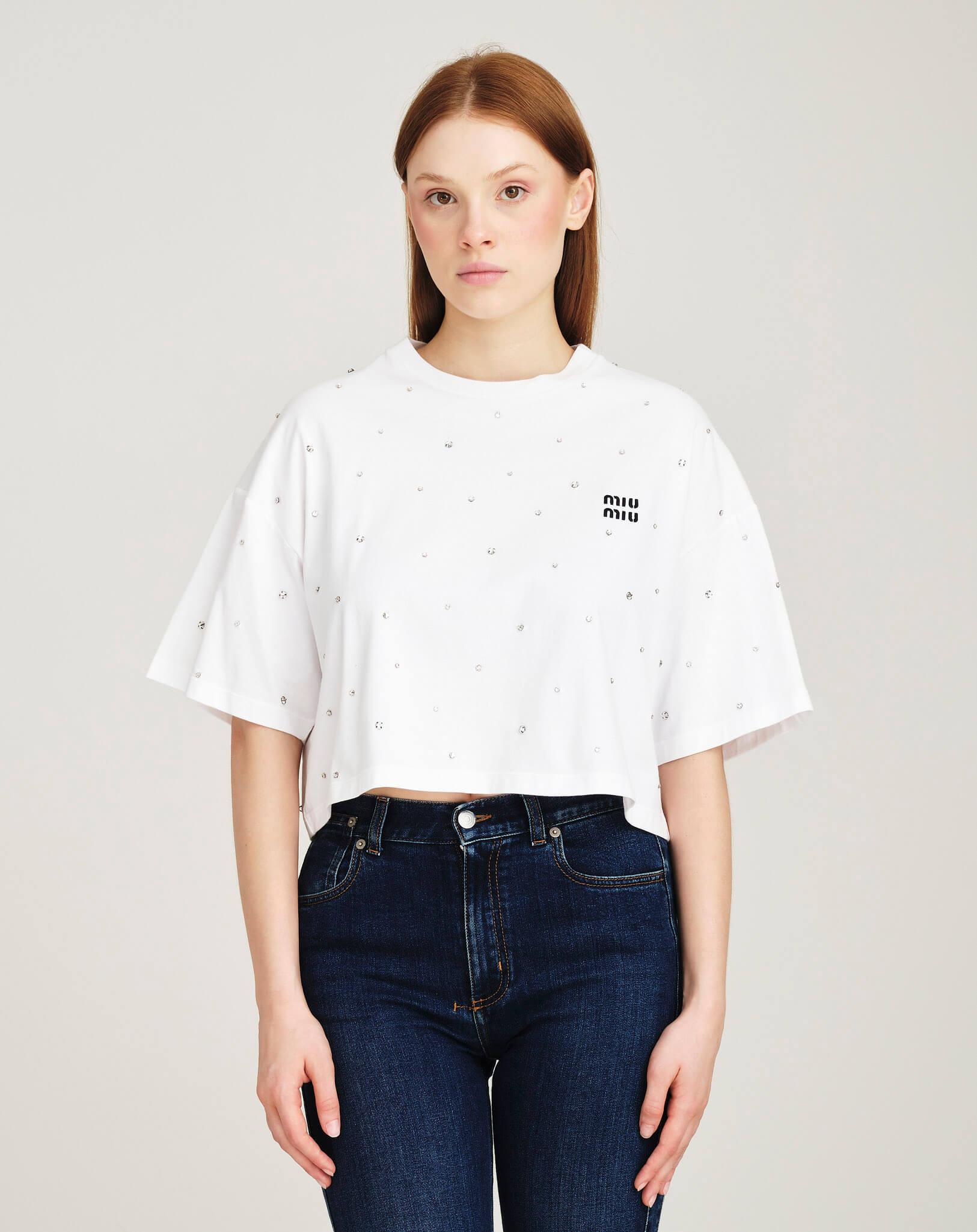 Miu Miu - Logo Crystal Embellished Cropped Tshirt  S